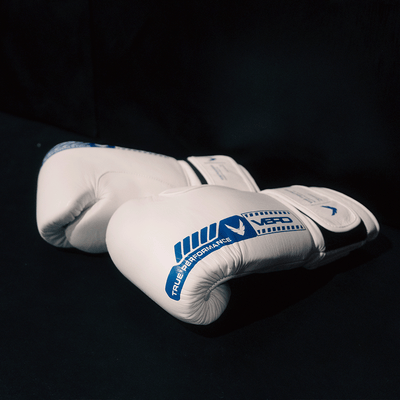 VERO Counter-Series leather boxing gloves in white and blue — sparring and MMA training