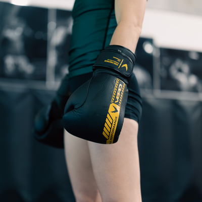 VERO Counter-Series leather boxing gloves in black and yellow — sparring and MMA training — view 4